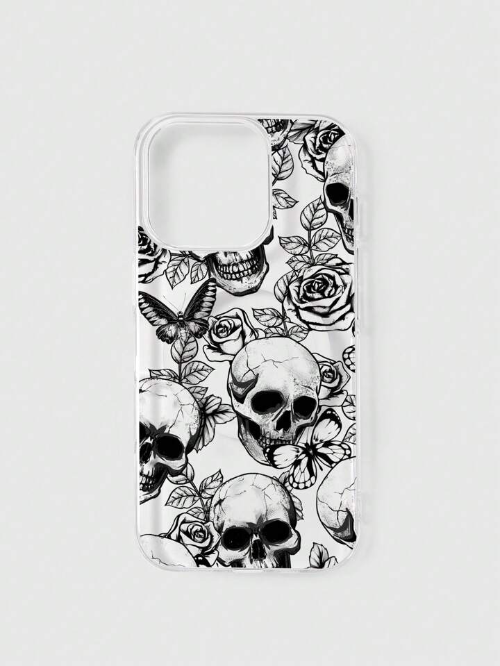 Goth 1pc Dark Rose & Skull Pattern Magnetic Transparent IPhone Case