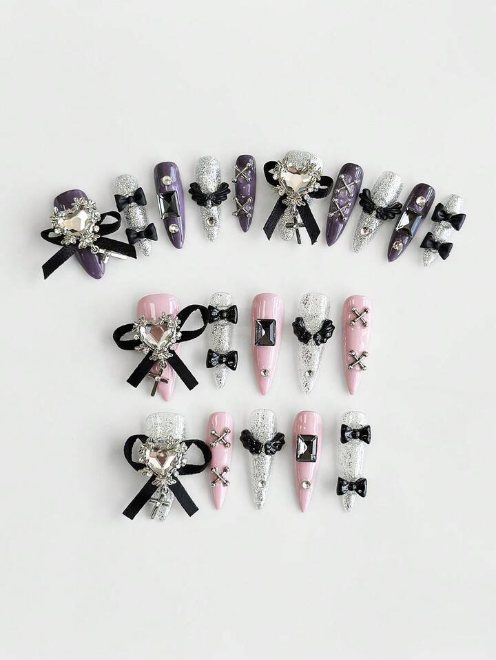 Anime 10pcs Cute Wings, Rose, Bow, Music Note, Star Element High Quality Handmade False Nails + 3pcs Double-Sided Adhesive, Y2K Style Rhinestone Pink Polka Dot White Lace Removable Manicure Stickers, Suitable For Holidays, Parties, Dancing And Daily Wear