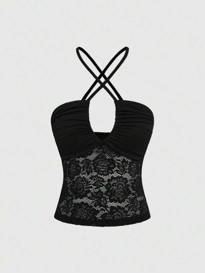 Dark Gothic Sexy Hollow Out Pleated Contrast Lace Semi-Sheer Halter Neck Women Camisole