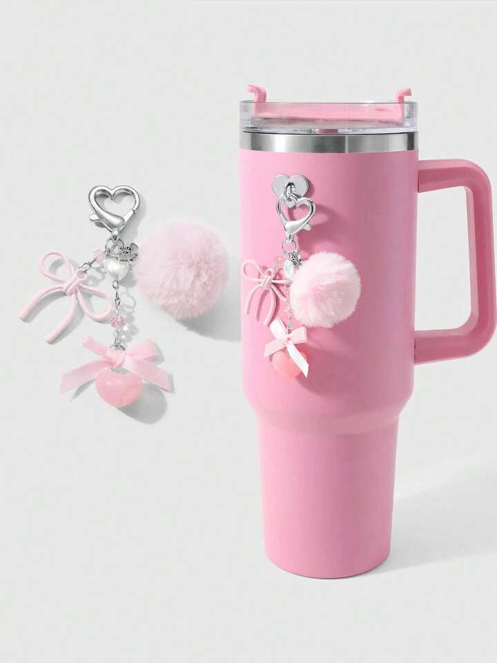 Kawaii 1pc Sweet & Simple Girl Style White Faux Pearl, Pink Faux Crystal, Hollow Knit Bow, Resin Heart Pendant DIY Keychain, Bag Charm, Cup Hanger, Phone Charm, Comes With Phone Holder Sticker, Suitable For Women & Girls, Great Gift