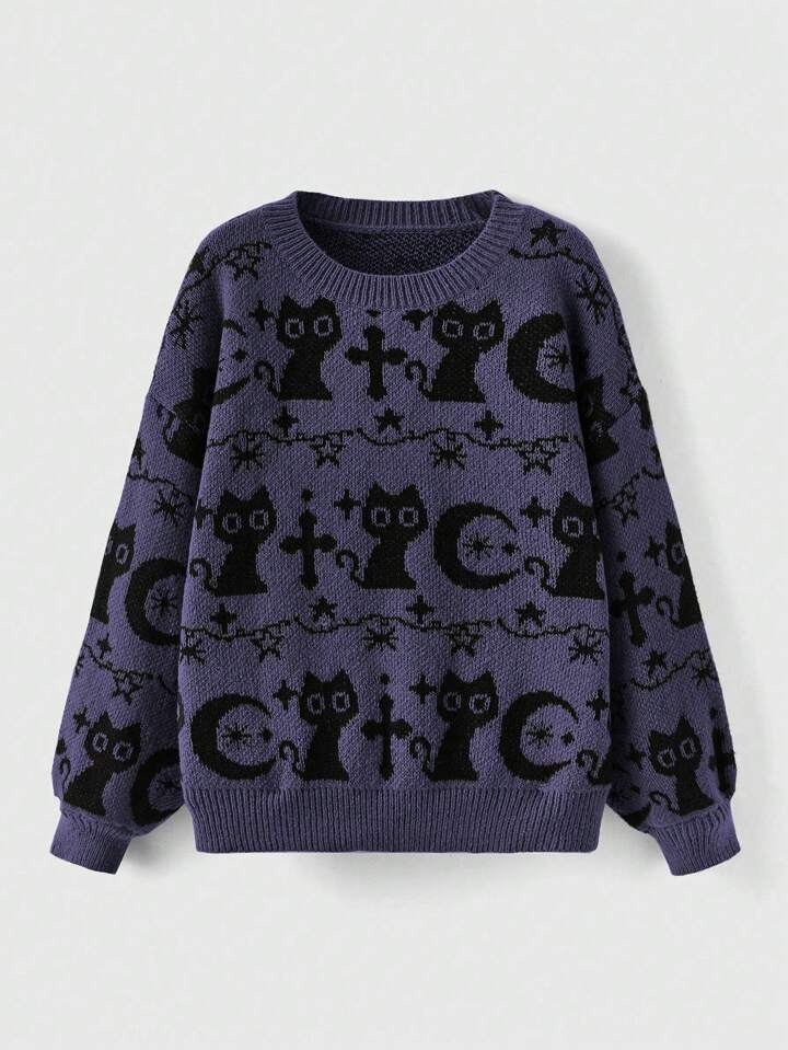 Goth Women's Casual Loose Fitting Crew Neck Cartoon Cat Pattern Oversized Long Sleeve Sweater For Autumn/Winter,Long Sleeve Tops