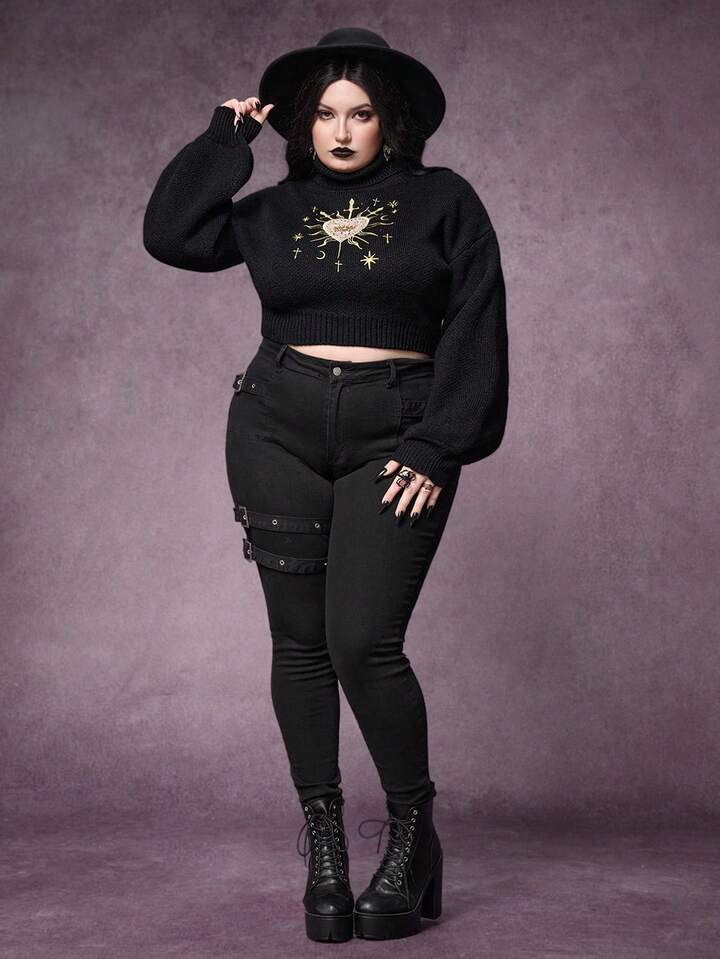 Plus Size Women Gothic Romantic Heart Embroidery Rhinestone Crystal Teardrop Star Decor Turtleneck Sweater