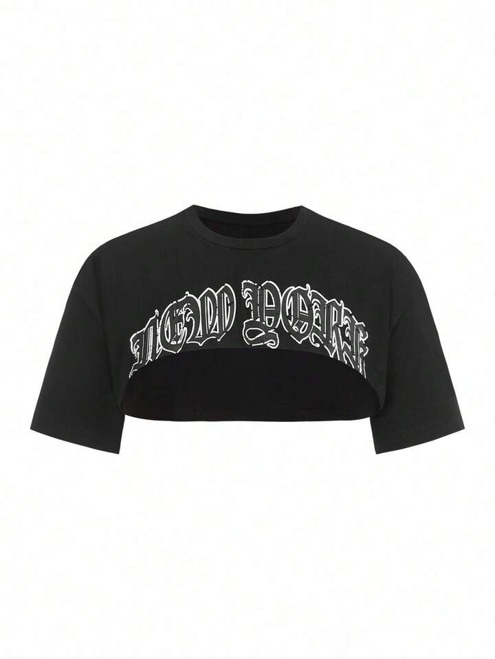 SHEIN x PRISCILA & JIMENA Letter Graphic Super Crop Top, School