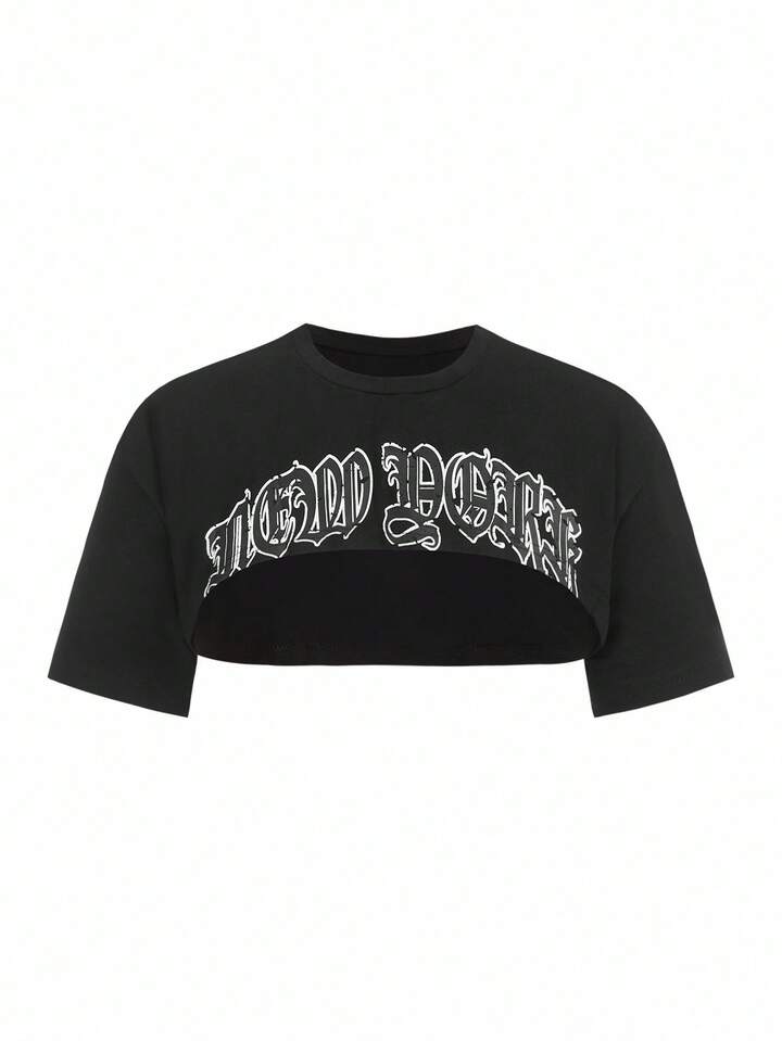 SHEIN x PRISCILA & JIMENA Letter Graphic Super Crop Top, School