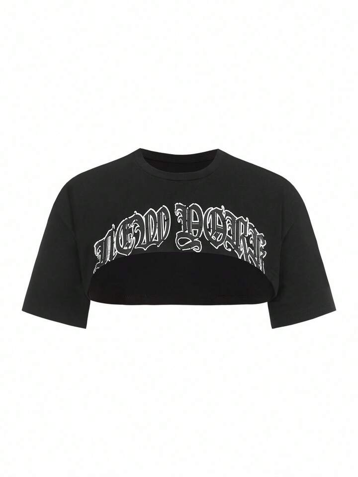 SHEIN x PRISCILA & JIMENA Letter Graphic Super Crop Top, School
