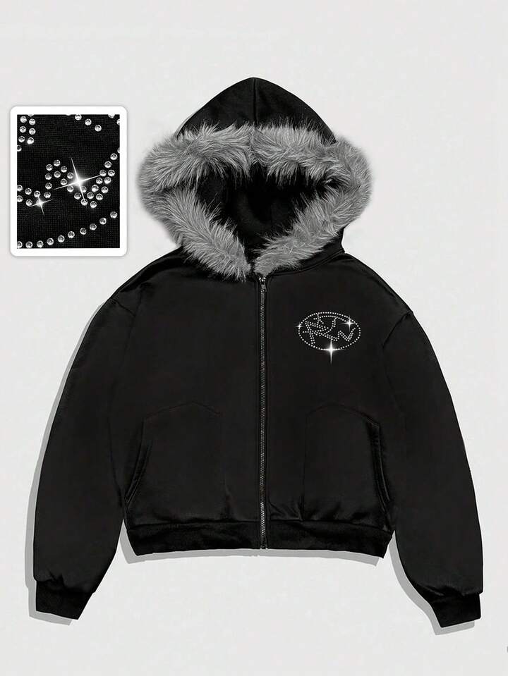 Casual Men's Faux Fur Patchwork Rhinestone Decor Hooded Zip-Up Long Sleeve Sweatshirt Sweatshirt