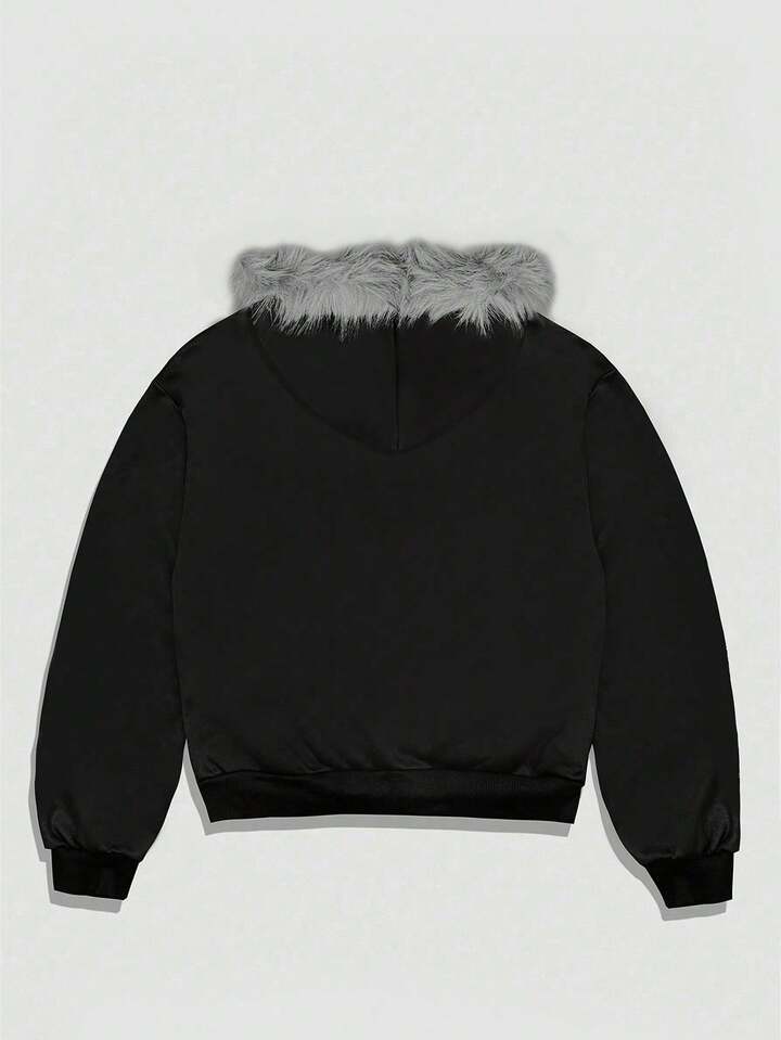 Casual Men's Faux Fur Patchwork Rhinestone Decor Hooded Zip-Up Long Sleeve Sweatshirt Sweatshirt