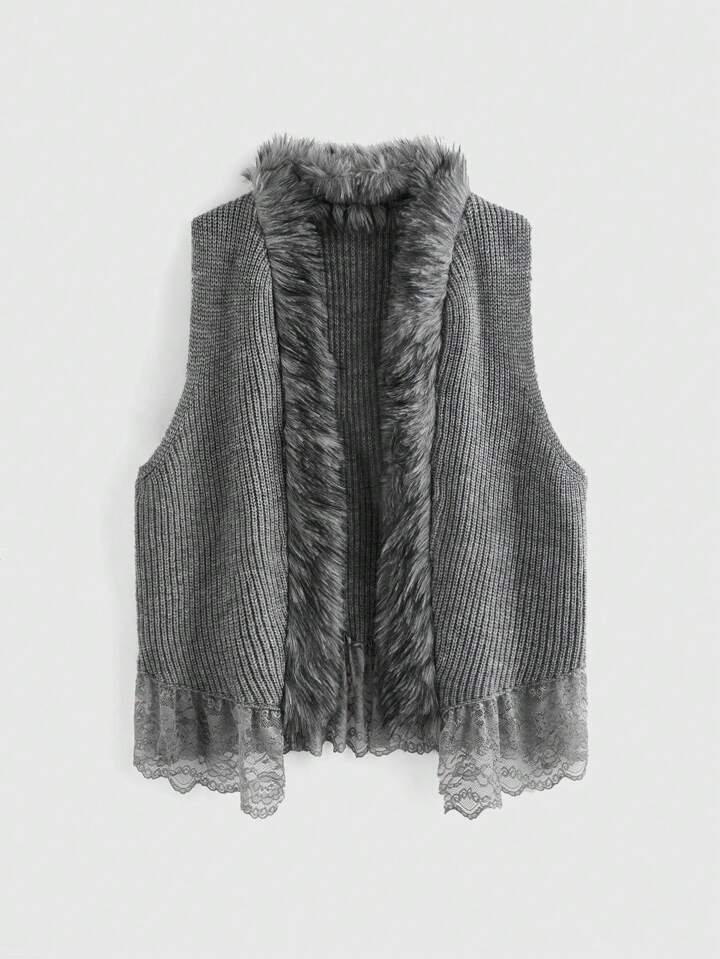 1pc Women Sleeveless Solid Color Fuzzy Patchwork Minimalist Knitted Cardigan Vest