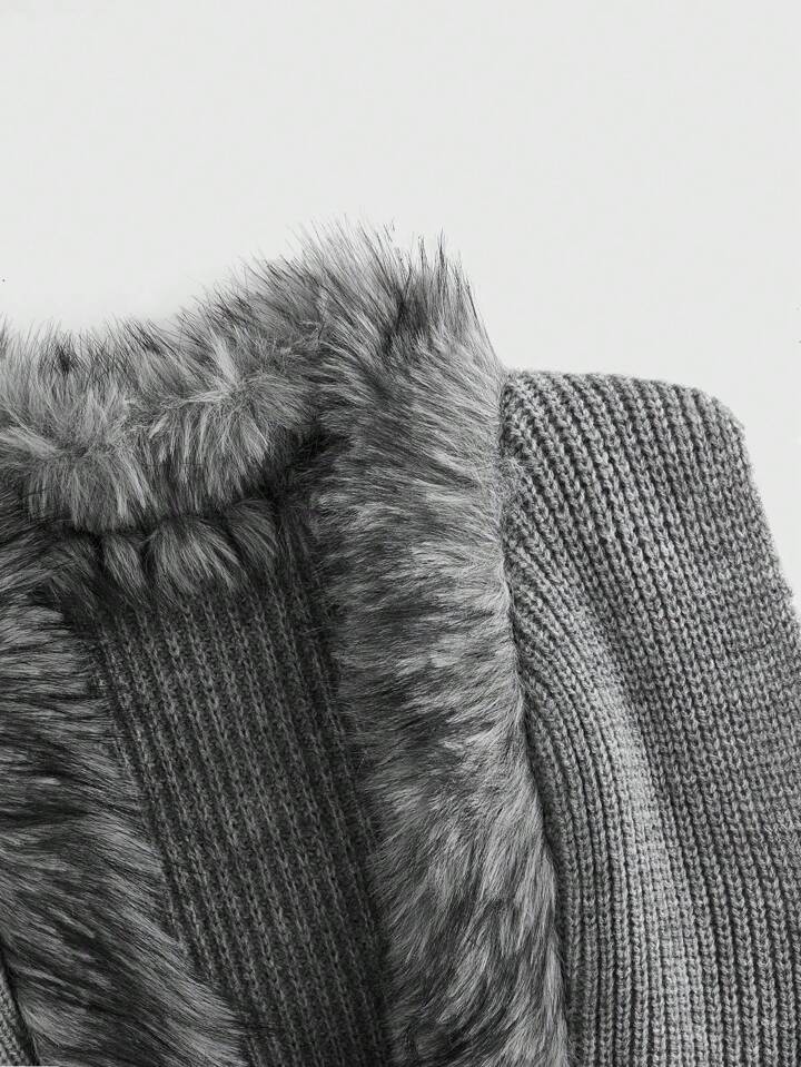 1pc Women Sleeveless Solid Color Fuzzy Patchwork Minimalist Knitted Cardigan Vest