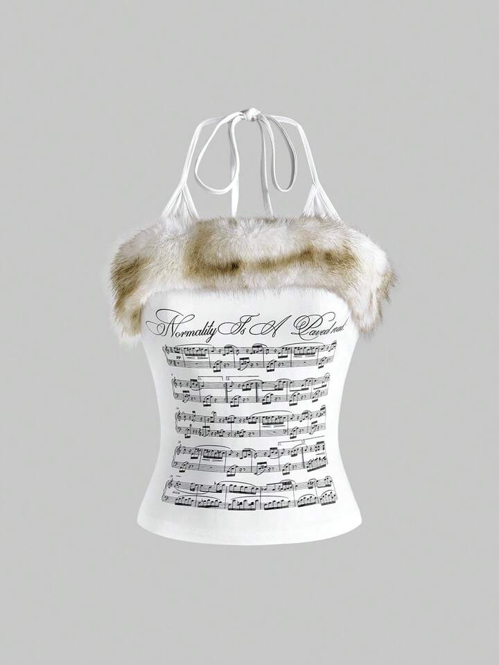 Retro Y2K Sexy Halter Patchwork Fuzzy Swirling Music Note & Letter Print Bodycon Camisole