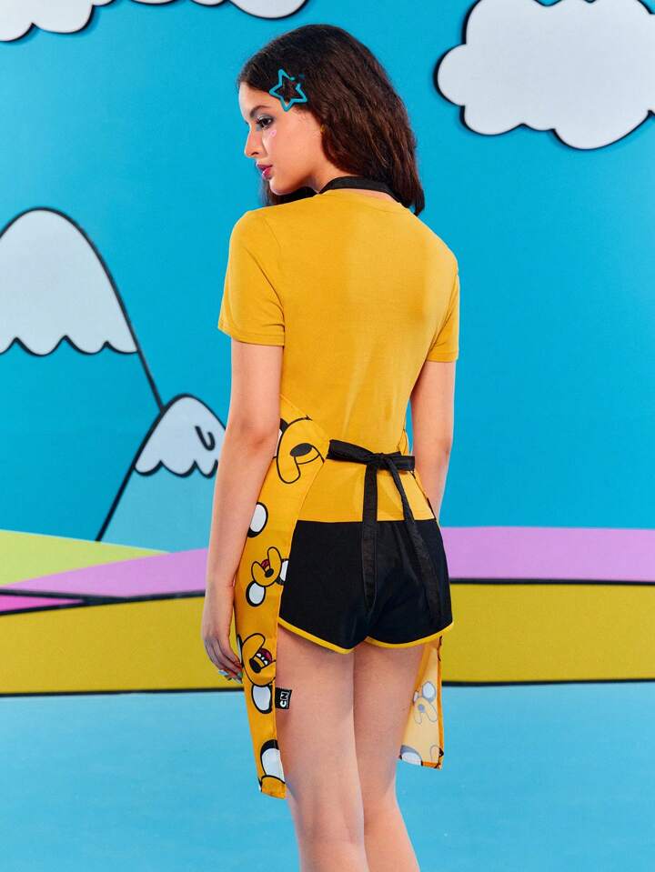Adventure Time X ROMWE Cartoon Printed Fashion Yellow Apron