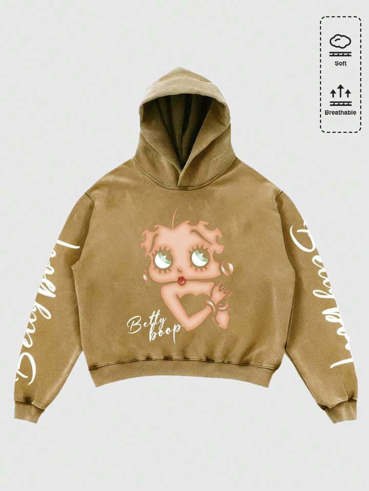 Betty Boop | ROMWE Men's Washed Loose Fit Letter & Figure Graphic Hoodie