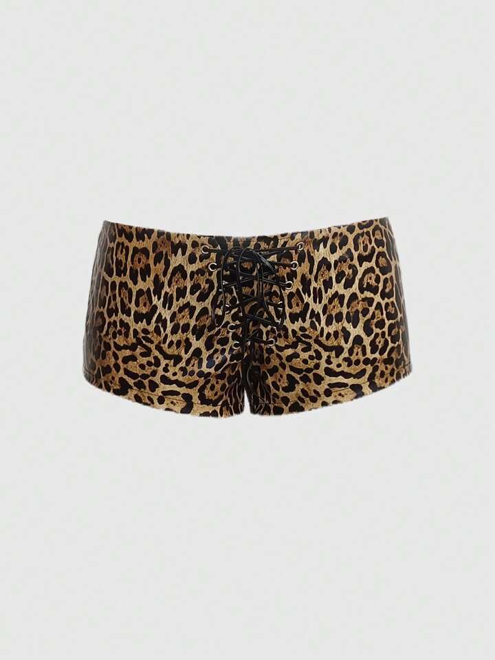 ROMWE Avant Y2K Leopard Print Fully Allover Print PU Leather Super Low Waist Mini Shorts