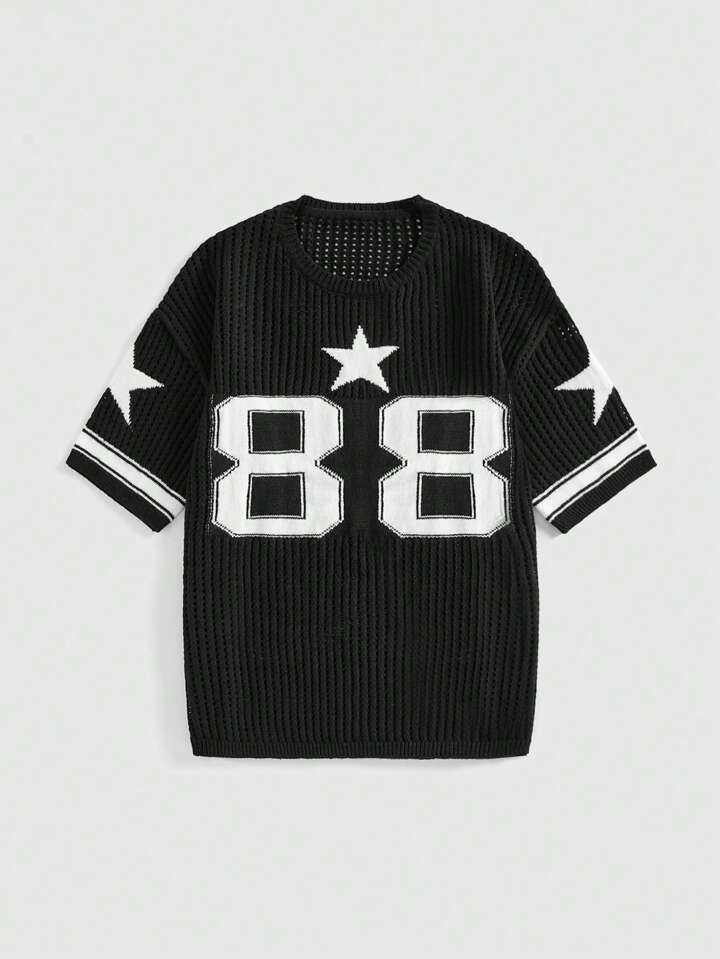 Star & Number Jacquard Pattern Short Sleeve Knit Top, Sporty Style