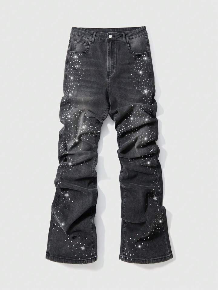 Street Life Men's Rhinestone Decor Slant Pocket Casual Versatile Jeans