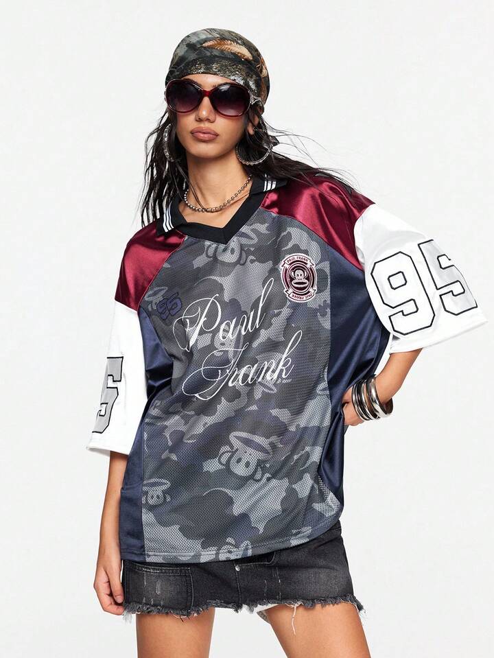 Paul Frank X ROMWE Subculture Camouflage Embroidered Oversized Women T-Shirt