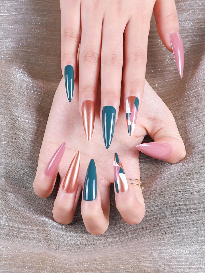 24Pcs Geometric Print Fake Nail & 1Sheet Tape & 1Pc Nail File Press On Nails Nail Supplies Nails