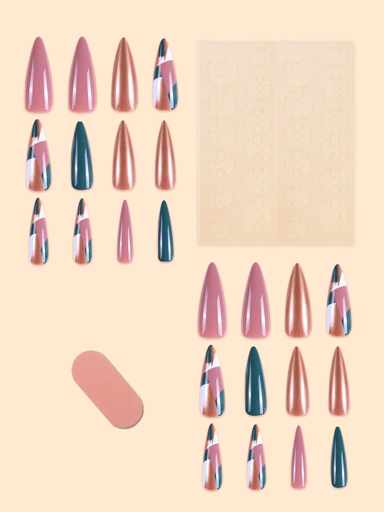 24Pcs Geometric Print Fake Nail & 1Sheet Tape & 1Pc Nail File Press On Nails Nail Supplies Nails