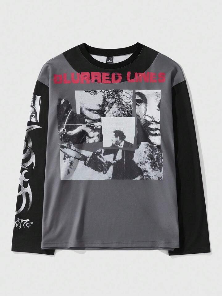 Casual Men Letter & Figure Print Contrast Color Round Neck Long Sleeve Digital Printed T-Shirt, Fall