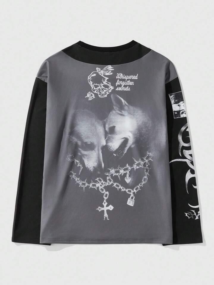 Casual Men Letter & Figure Print Contrast Color Round Neck Long Sleeve Digital Printed T-Shirt, Fall