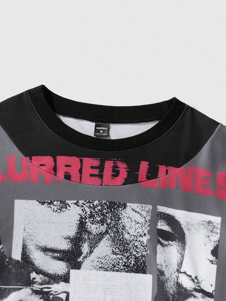 Casual Men Letter & Figure Print Contrast Color Round Neck Long Sleeve Digital Printed T-Shirt, Fall