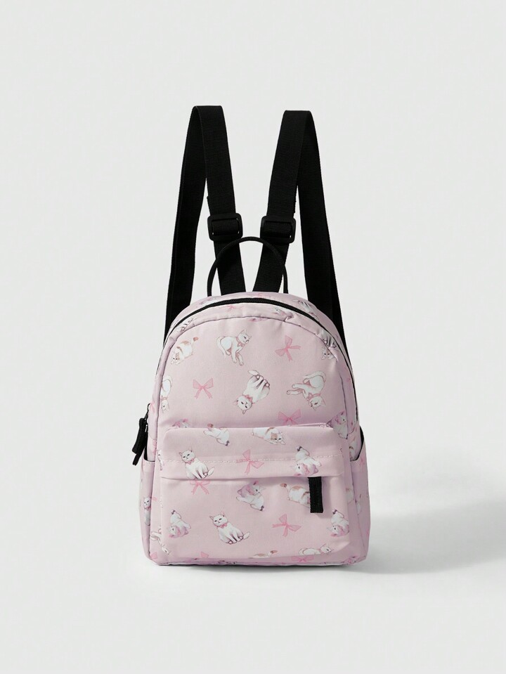 Kawaii Pink Cat Pattern Polyester Portable Zipper Backpack For Women, Back To School Mini Bag Festival Gift