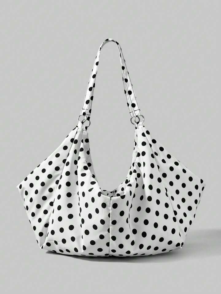 Anime Retro Minimalist Black & White Polka Dot Women's Large Capacity Shoulder Bag, Casual Tote Bag, Suitable For Daily Commute, Travel, Etc.