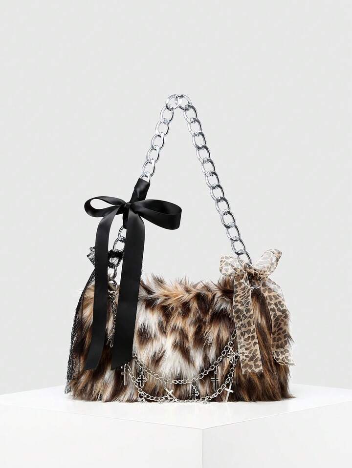 Kawaii Women's Leopard And Deer Print Y2K Retro Fashion Artificial Fur Long Hair Open Top Large Capacity Thickened Autumn/Winter Shoulder Crossbody Crescent Bag