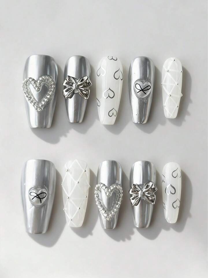 Kawaii 10 Pieces Of Punk Handmade Fake Nails + 3 Pieces Of Double-Sided Tape, Y 2 K Love Bow Element Metal Fake Nails, High-Quality Removable And Drilled Medium Almond-Shaped Wearing Armor, Suitable For Holiday Parties, Proms And Daily Wear.
