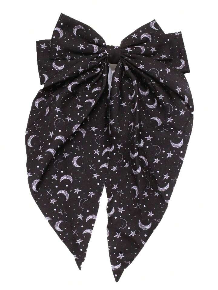 1pc Star & Moon Print Extra Large Bowknot Streamer Spring Clip Hairpin, Goth Hair Accessory For Women, Halloween