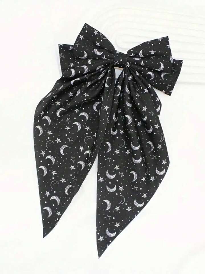 1pc Star & Moon Print Extra Large Bowknot Streamer Spring Clip Hairpin, Goth Hair Accessory For Women, Halloween