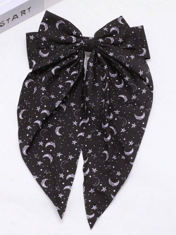 1pc Star & Moon Print Extra Large Bowknot Streamer Spring Clip Hairpin, Goth Hair Accessory For Women, Halloween