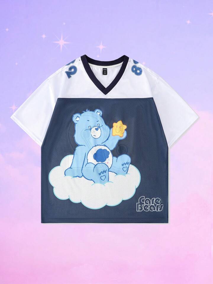 ROMWE X Care Bears Men's Cartoon Bear Print Colorblock Short Sleeve Sports Football Jersey Style T-Shirt, Mesh Fabric With Glossy Panels