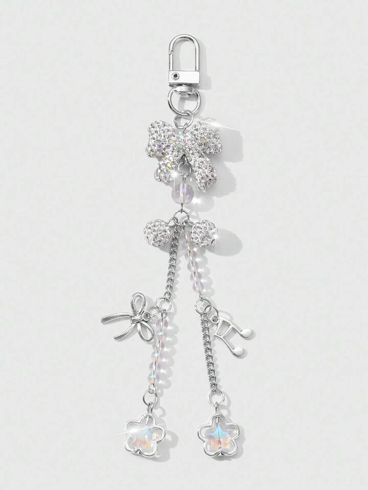 Kawaii 1pc Delicate, Sweet, Versatile, Luxurious High-End Silver Chain Soft Pottery Fully Decorated With Rhinestones Bow, Rhinestone Ball, Music Note, Flower, Star Decoration, Suitable For Women, Daily Wear, Holiday Gift, DIY Phone Case, Keychain, Bag Charm, Phone Pendant