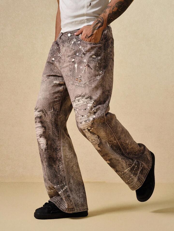 Street Life Casual Fashion Versatile Loose Fit Personalized Denim Jeans For Men