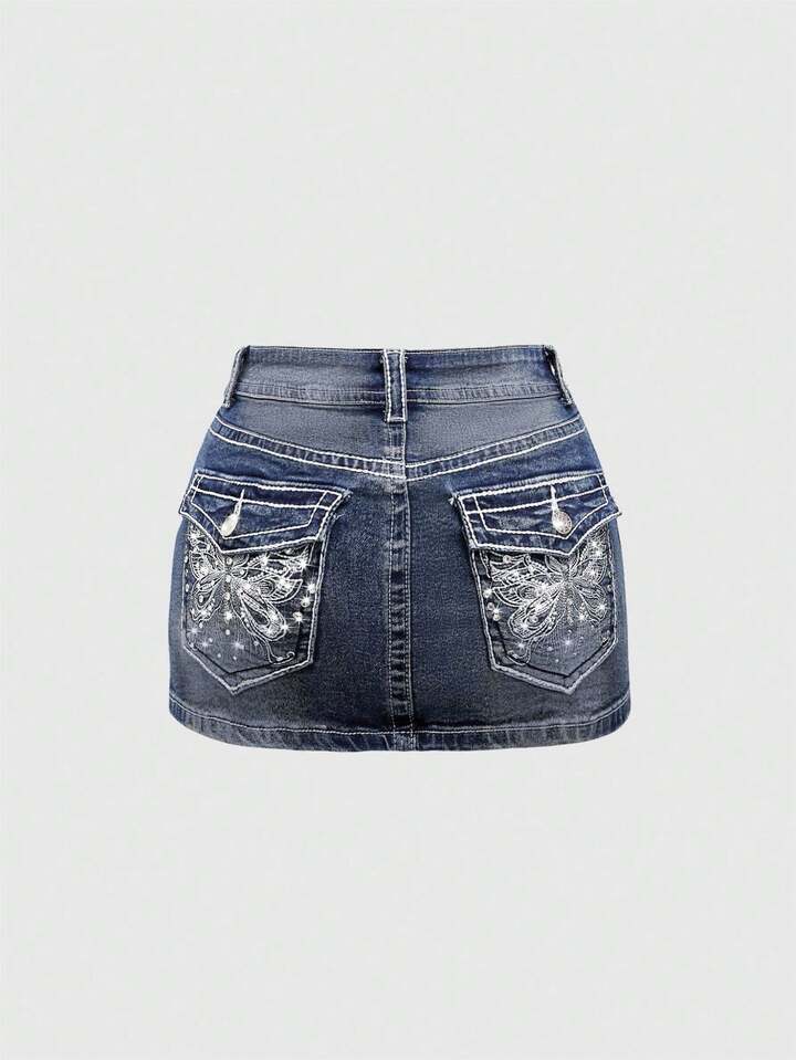 J-Fashion Y2K Vintage Low-Waist Butterfly Embroidered Adjustable Contrast Color Denim Mini Skirt For Women