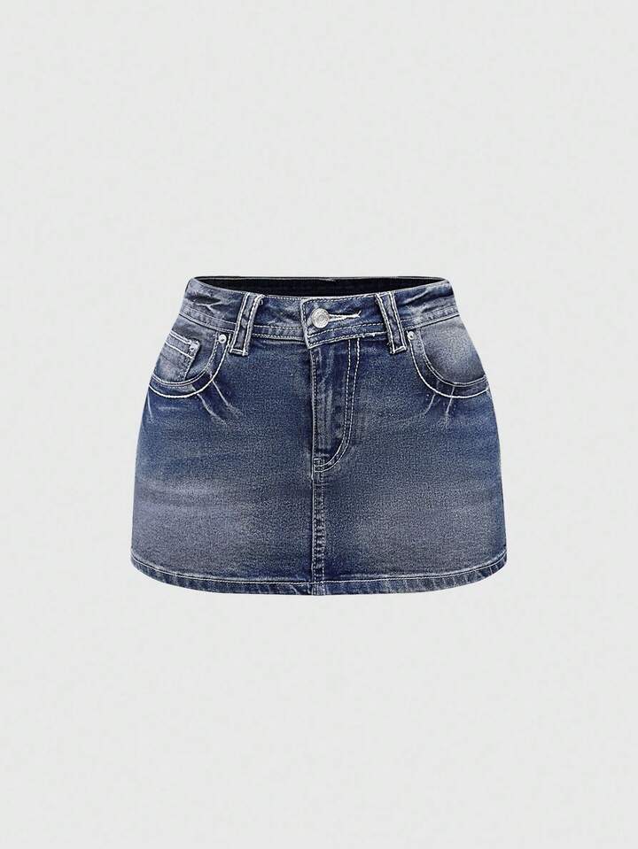 J-Fashion Y2K Vintage Low-Waist Butterfly Embroidered Adjustable Contrast Color Denim Mini Skirt For Women