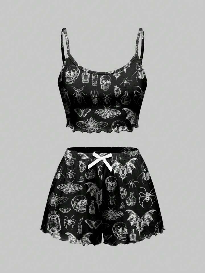 Gothic College Mysterious Dark Skull, Butterfly, Spider All-Over Print Camisole & Shorts Pajama Set, Casual Sleepwear, For Halloween