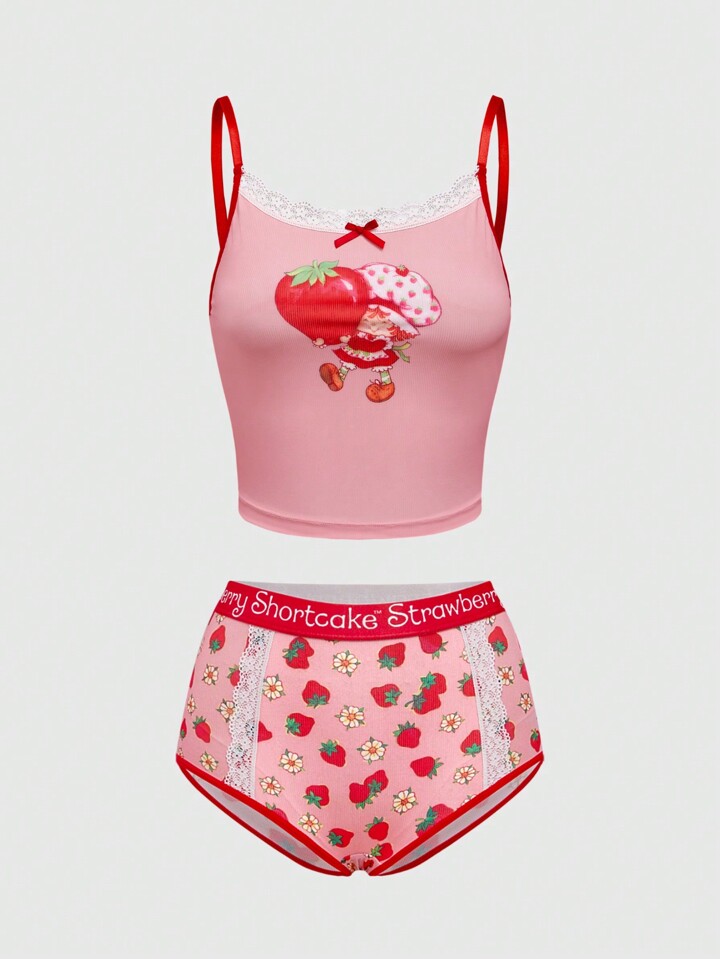 Strawberry Print Wireless Contrast Lace Lingerie Bra & Panty Set, Kawaii