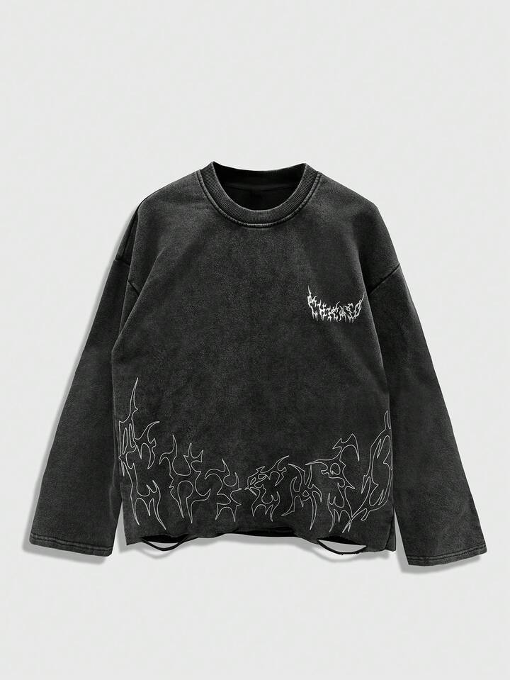 Grunge Punk Men's Gothic Letter Print Loose Fit Round Neck Drop Shoulder Long Sleeve Casual T-Shirt
