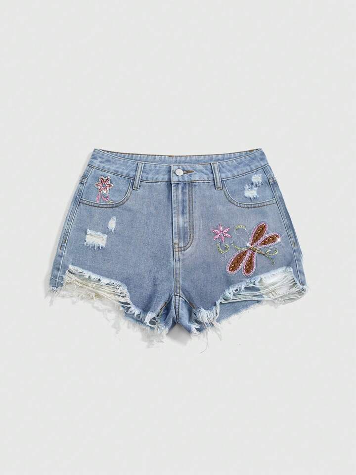 Fairycore Women's Distressed Denim Shorts With Fairy, Butterfly, Sequin Embroidery & Rhinestones