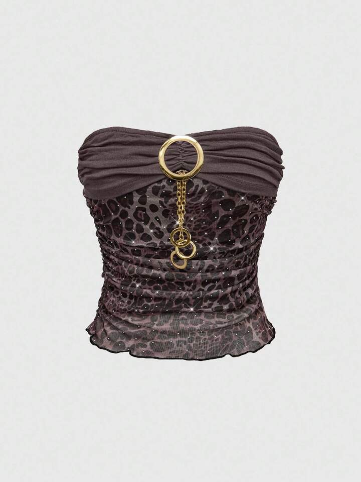 Grunge Punk Leopard Print Rhinestone Metallic Chain Necklace Tight Fit Blouse For Women