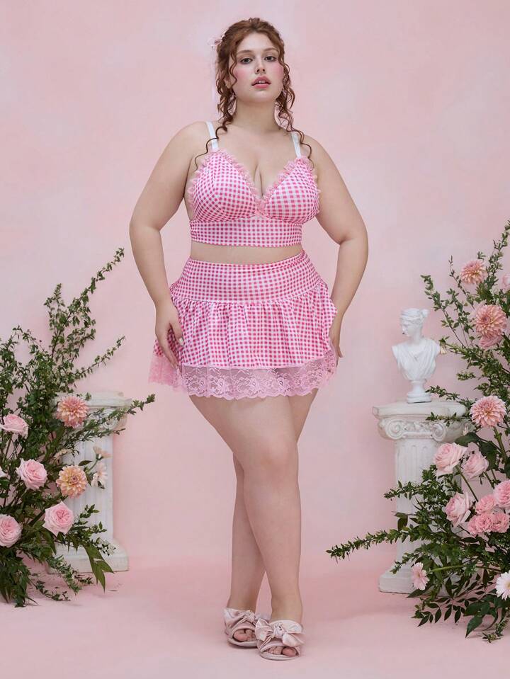 Kawaii Charming Girl Plaid & Lace Patchwork Plus Size Sexy Lingerie Set