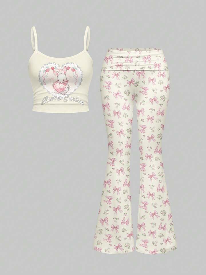 Kawaii Cute Sweet Heart Bow Bunny Cake Tie-Up Sexy Camisole & Flared Low Waist Pants Women 2 Pieces Set