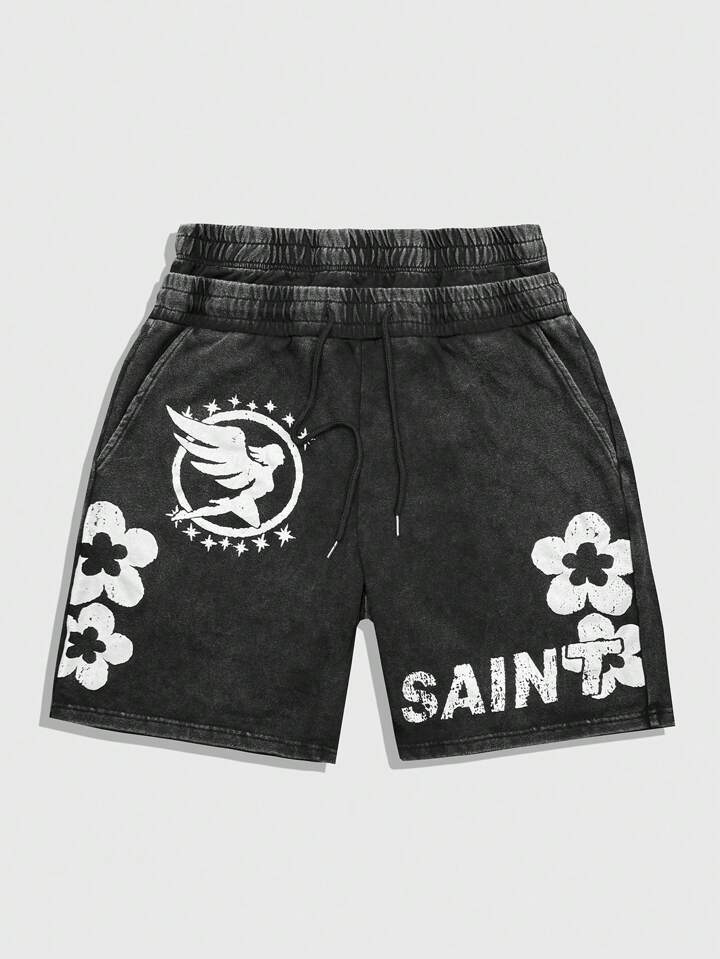 Men's Street Life Letter & Floral Print Drawstring Waist Pocket Casual Shorts