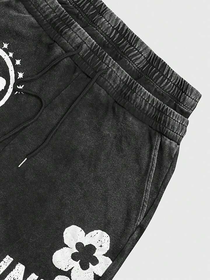 Men's Street Life Letter & Floral Print Drawstring Waist Pocket Casual Shorts