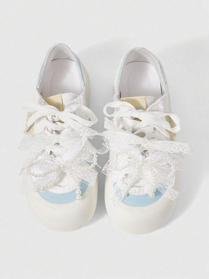 Kawaii Women's Soft Bottom Casual Lace-Up Sneakers With Bow Decor, Lightweight & Comfortable Mary Jane Flats