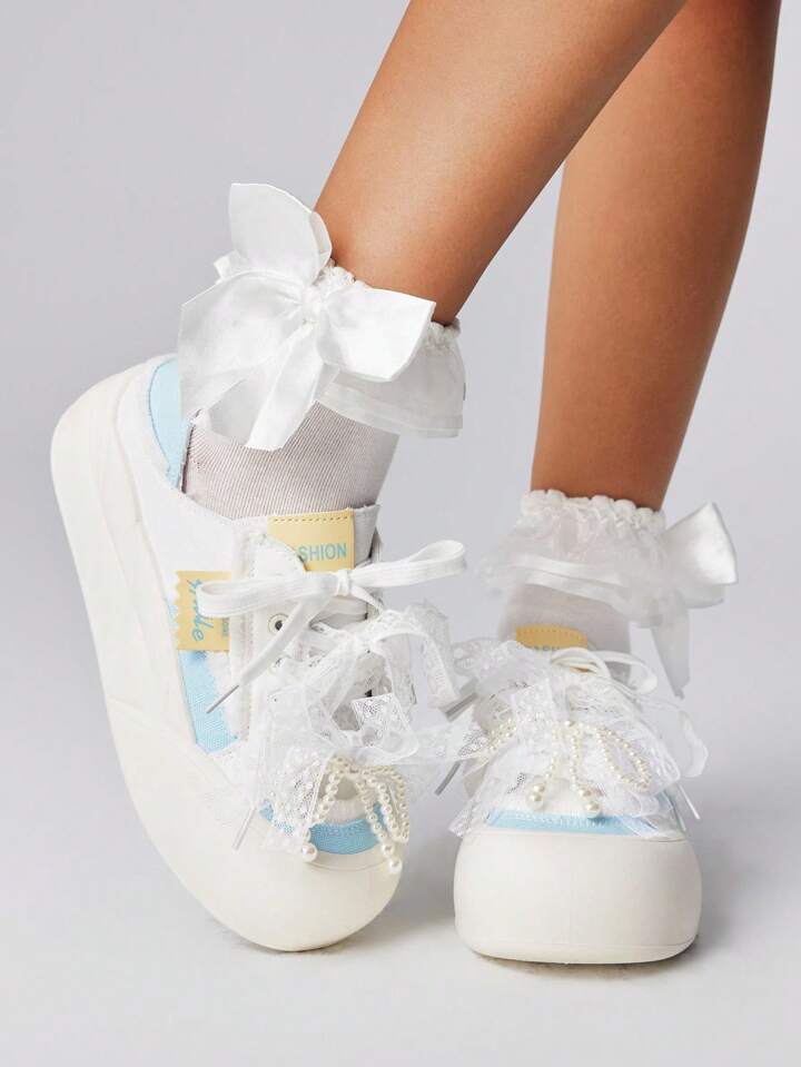Kawaii Women's Soft Bottom Casual Lace-Up Sneakers With Bow Decor, Lightweight & Comfortable Mary Jane Flats