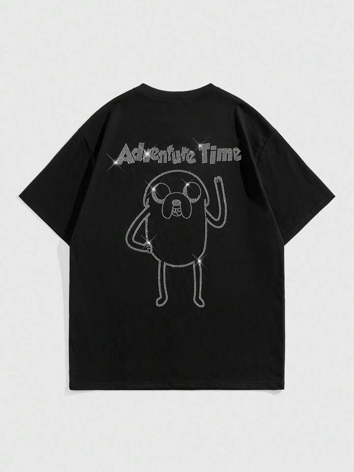 Adventure Time X ROMWE Men's Loose Rhinestone Embellished Cartoon & Letter Graphic Drop Shoulder Black T-Shirt