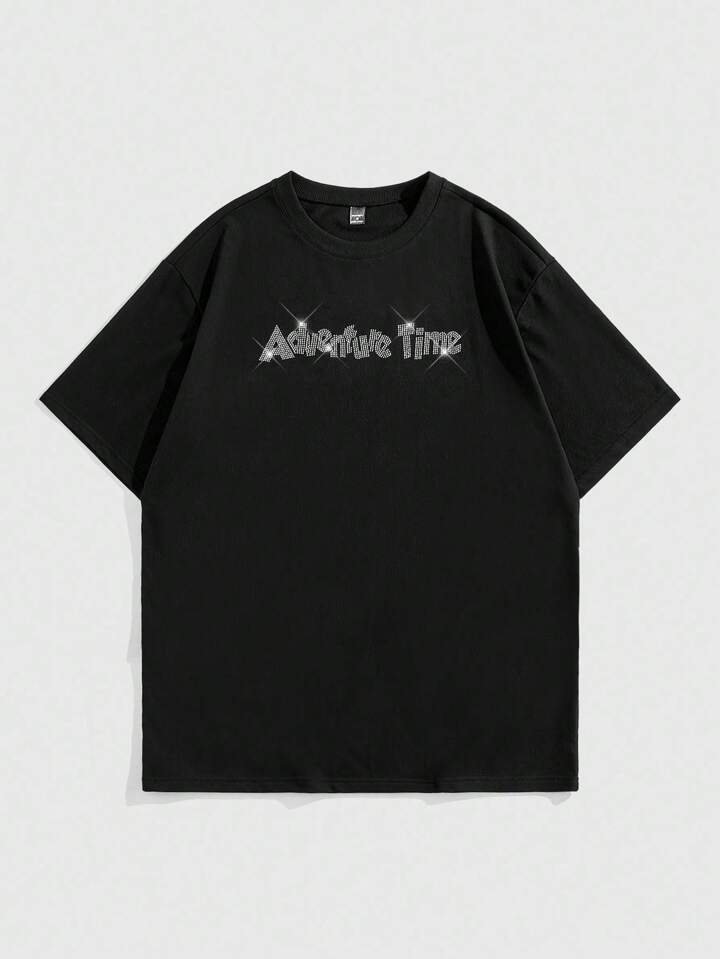 Adventure Time X ROMWE Men's Loose Rhinestone Embellished Cartoon & Letter Graphic Drop Shoulder Black T-Shirt